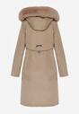 Beżowa Kurtka za Kolano ze Ściągaczem i Kapturem z Futerkiem Adoresa