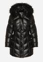 Czarna Pikowana Kurtka przed Kolano z Kapturem i Futerkiem Salasa