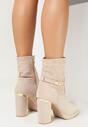 Beżowe Botki na Słupku z Ozdobnym Paskiem Elarin