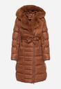 Brązowa Pikowana Kurtka za Kolano z Ozdobnym Futerkiem Velveti
