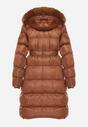 Brązowa Pikowana Kurtka za Kolano z Ozdobnym Futerkiem Velveti