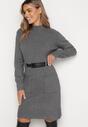 Szara Sweterkowa Sukienka Mini z Golfem i Paskiem Gratena