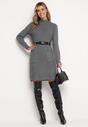 Szara Sweterkowa Sukienka Mini z Golfem i Paskiem Gratena