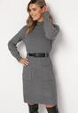 Szara Sweterkowa Sukienka Mini z Golfem i Paskiem Gratena