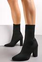 Czarne Botki na Słupku ze Skarpetkową Cholewką i Noskiem w Szpic Elorina