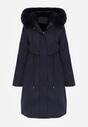 Granatowa Kurtka za Kolano ze Ściągaczem i Kapturem z Futerkiem Adoresa