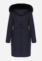 Granatowa Kurtka za Kolano ze Ściągaczem i Kapturem z Futerkiem Adoresa