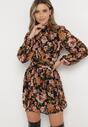 Czarno-Brązowa Sukienka Mini w Kwiaty z Ozdobnym Marszczeniem Vionarine