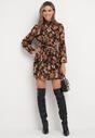 Czarno-Brązowa Sukienka Mini w Kwiaty z Ozdobnym Marszczeniem Vionarine