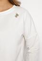 Biała Bawełniana Bluza z Okrągłym Dekoltem ze Ściągaczami i Ozdobną Broszką Rinara