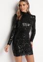 Czarna Cekinowa Sukienka Mini z Poduszkami w Ramionach Macerata
