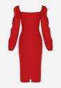 Czerwona Sukienka Midi z Kopertową Górą i Bufiastymi Rękawami Ozdobiona Marszczeniami Azurma