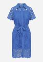 Niebieska Ażurowa Sukienka Koszulowa Midi z Wiązanym Paskiem Pamy