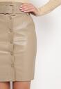 Ciemnobeżowa Spódnica Mini z Paskiem z Imitacji Skóry Idrala