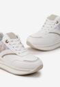 Biało-Beżowe Sneakersy na Grubej Podeszwie Zdobione Brokatem i Naszywkami Gevia