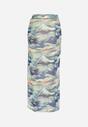 Niebiesko-Beżowa Dopasowana Spódnica z Gumką w Pasie Ozdobiona Drapowaniem Jelvira