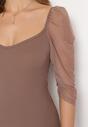 Brązowa Bawełniana Dopasowana Sukienka Mini z Przeźroczystymi Rękawami 3/4 Ferdiana