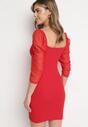 Czerwona Bawełniana Dopasowana Sukienka Mini z Przeźroczystymi Rękawami 3/4 Ferdiana