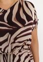 Brązowo-Beżowa Pudełkowa Sukienka Midi z Materiałowym Paskiem w Animal Print Ovita