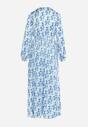 Niebiesko-Biała Satynowa Sukienka Maxi Ozdobiona Wzorem Paisley z Gumką w Pasie Wirlena