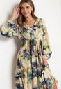 Beżowo-Zielona Maxi Rozkloszowana z Guzikami w Abstrakcyjny Print Falitta