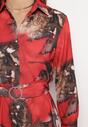 Czerwono-Brązowa Sukienka Midi o Rozkloszowanym Kroju z Paskiem z Klamrą Olvira