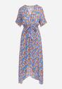 Niebiesko-Fioletowa Kwiatowa Sukienka Midi z Wiskozy Krótkim Rękawem i Paskiem Glowia