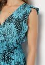 Niebieska Maxi Sukienka Rozkloszowana z Wiskozy z Kopertową Górą Wiracia