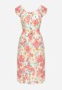 Różowo-Beżowa Wiskozowa Sukienka Midi z Falbanką i Kwiatowym Wzorem Exordia