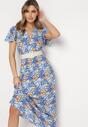 Niebieska Sukienka Maxi z Wiskozy z Gumką w Pasie Ozdobiona Wzorem Nieregularne Kropki Jewellis