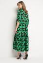 Zielono-Czarna Rozkloszowana Sukienka Maxi w Abstrakcyjne Kwiaty z Guzikami Przy Dekolcie Millara