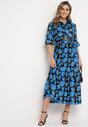 Niebiesko-Czarna Rozkloszowana Sukienka Maxi w Abstrakcyjne Kwiaty z Guzikami Przy Dekolcie Millara
