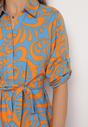 Niebiesko-Pomarańczowa Koszulowa Sukienka Maxi z Materiałowym Paskiem w Abstrakcyjne Wzory Terins