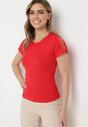 Czerwony Bawełniany T-shirt z Ażurową Wstawką Elvinna