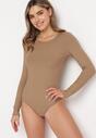 Jasnobrązowe Prążkowane Body z Długimi Rękawami Ainter