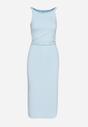Jasnoniebieska Dopasowana Sukienka Midi na Szerokich Ramiączkach z Marszczeniami Kanile