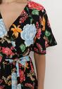 Czarno-Niebieska Sukienka Maxi z Gumką w Talii z Szerokimi Rękawami i Kwiatowym Printem Nodriala