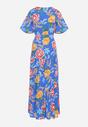 Niebieska Sukienka Maxi z Gumką w Talii z Szerokimi Rękawami i Kwiatowym Printem Nodriala