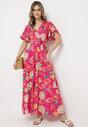 Fuksjowa Sukienka Maxi z Gumką w Talii z Szerokimi Rękawami i Kwiatowym Printem Nodriala