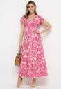 Różowa Rozkloszowana Sukienka Maxi z Luźnym Rękawem w Kwiatowy Print Oxeria