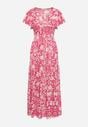 Różowa Rozkloszowana Sukienka Maxi z Luźnym Rękawem w Kwiatowy Print Oxeria