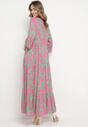 Zielono-Różowa Długa Sukienka z Abstrakcyjnym Wzorem i Rękawami 3/4 Thalorias