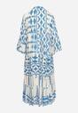 Niebiesko-Beżowa Sukienka Midi Rozkloszowana w Geometryczny Wzór z Falbanką na Rękawach Merdisavia