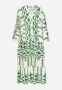 Zielono-Beżowa Sukienka Midi Rozkloszowana w Geometryczny Wzór z Falbanką na Rękawach Merdisavia