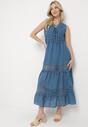 Niebieska Rozkloszowana Sukienka z Ażurowymi Zdobieniami Maxi Savanlia