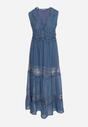 Niebieska Rozkloszowana Sukienka z Ażurowymi Zdobieniami Maxi Savanlia