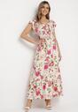 Jasnobeżowa Rozkloszowana Sukienka Maxi z Wiskozy w Kwiatowy Print Unadis
