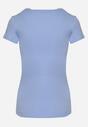 Niebieski Bawełniany T-shirt z Ozdobnym Napisem i Cekinami Oriella