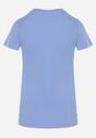 Niebieski Bawełniany T-shirt z Ozdobnym Cekinowym Nadrukiem i Napisami Olumi