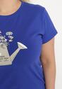 Granatowy Bawełniany T-shirt z Ozdobnym Nadrukiem Littana